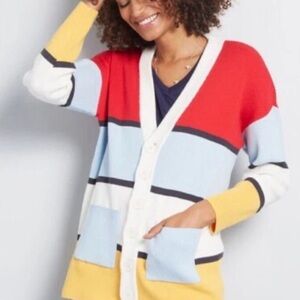 ModCloth Color-block Striped Women's Button Cardigan Knit Sweater Size Large